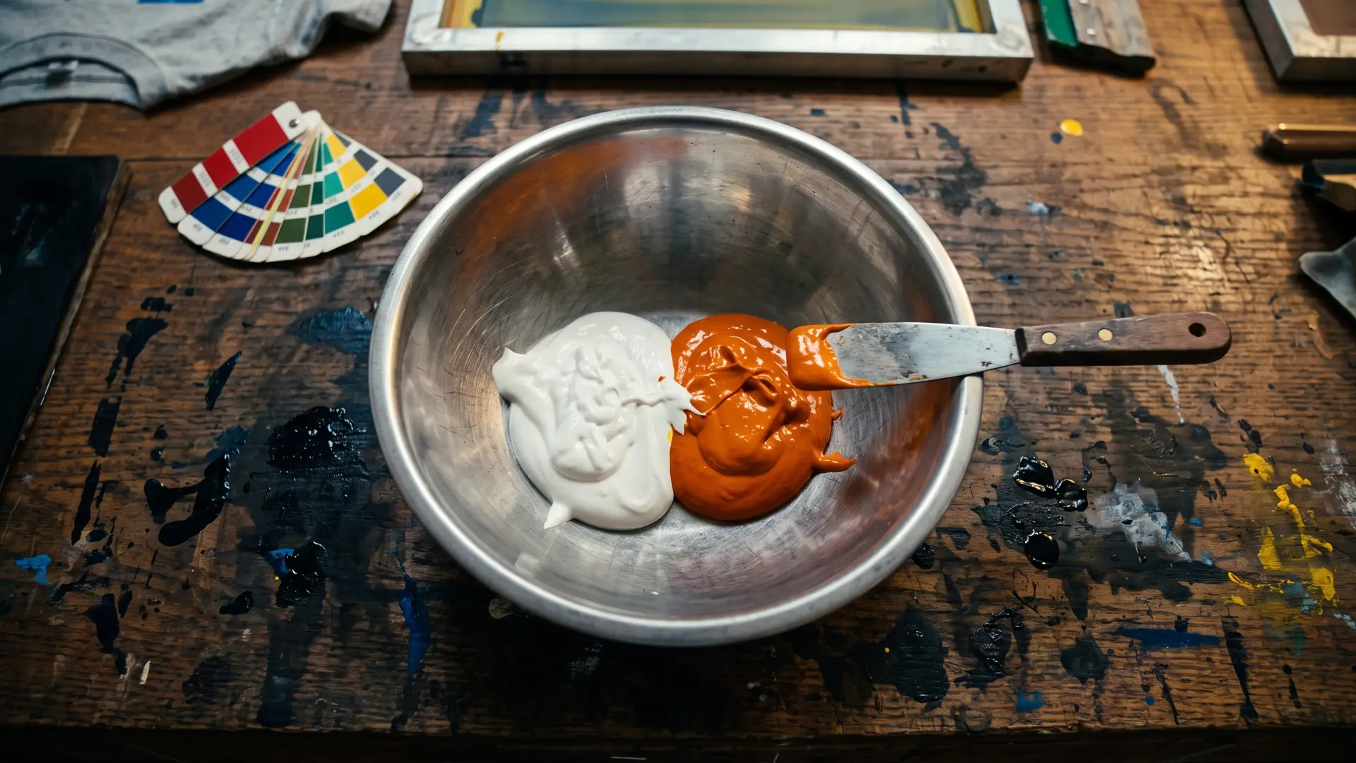 White and orange plastisol ink being mixed in a steel bowl